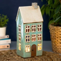 Shudehill Village Pottery Tall Light Blue House Tealight Holder