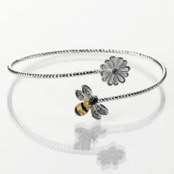Equilibrium Silver Plated Hand Painted Bee Bangle With White Flower