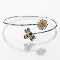 Equilibrium Silver Plated Hand Painted Bee Bangle With Yellow Flower