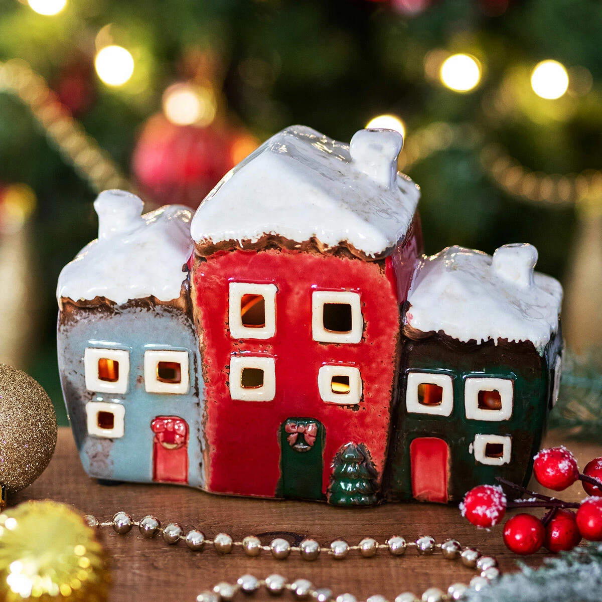Shudehill Village Pottery Three Christmas Houses Tealight Holder 1 Shudehill Village Pottery Three Christmas Houses Tealight Holder
