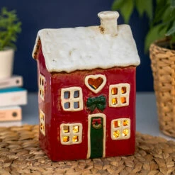 Shudehill Village Pottery Red Heart Christmas House Tealight Holder