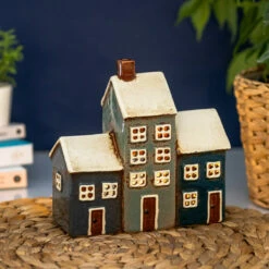 Shudehill Village Pottery Grey & Navy Three House Tealight Holder