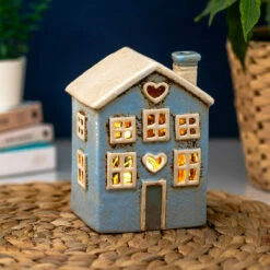 Shudehill Village Pottery Small Light Blue Heart House Tealight Holder