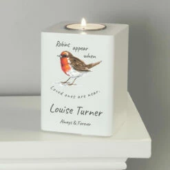 Personalised Robins Appear White Wooden Tealight Holder -gifts shop 4005074 pmc personalised robins appear white wooden tealight holder 2