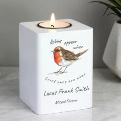 Personalised Robins Appear White Wooden Tealight Holder -gifts shop 4005074 pmc personalised robins appear white wooden tealight holder 3