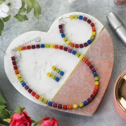 Carrie Elspeth Dawn Wooden Cubes Earrings -gifts shop carrie elspeth n1746 rainbow wooden cubes full lifestyle blue 022 1