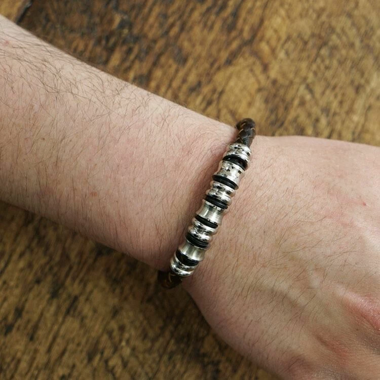 Equilibrium Men's Spaced Stainless Steel Brown Leather Bracelet 3 Equilibrium Men's Spaced Stainless Steel Brown Leather Bracelet - Image 3