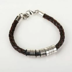 Equilibrium Men's 7 Ring Stainless Steel Brown Leather Bracelet