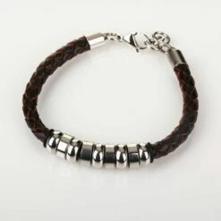 Equilibrium Men's 9 Ring Stainless Steel Brown Leather Bracelet