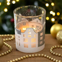 Gisela Graham Silver & White Houses Large Candle Holder