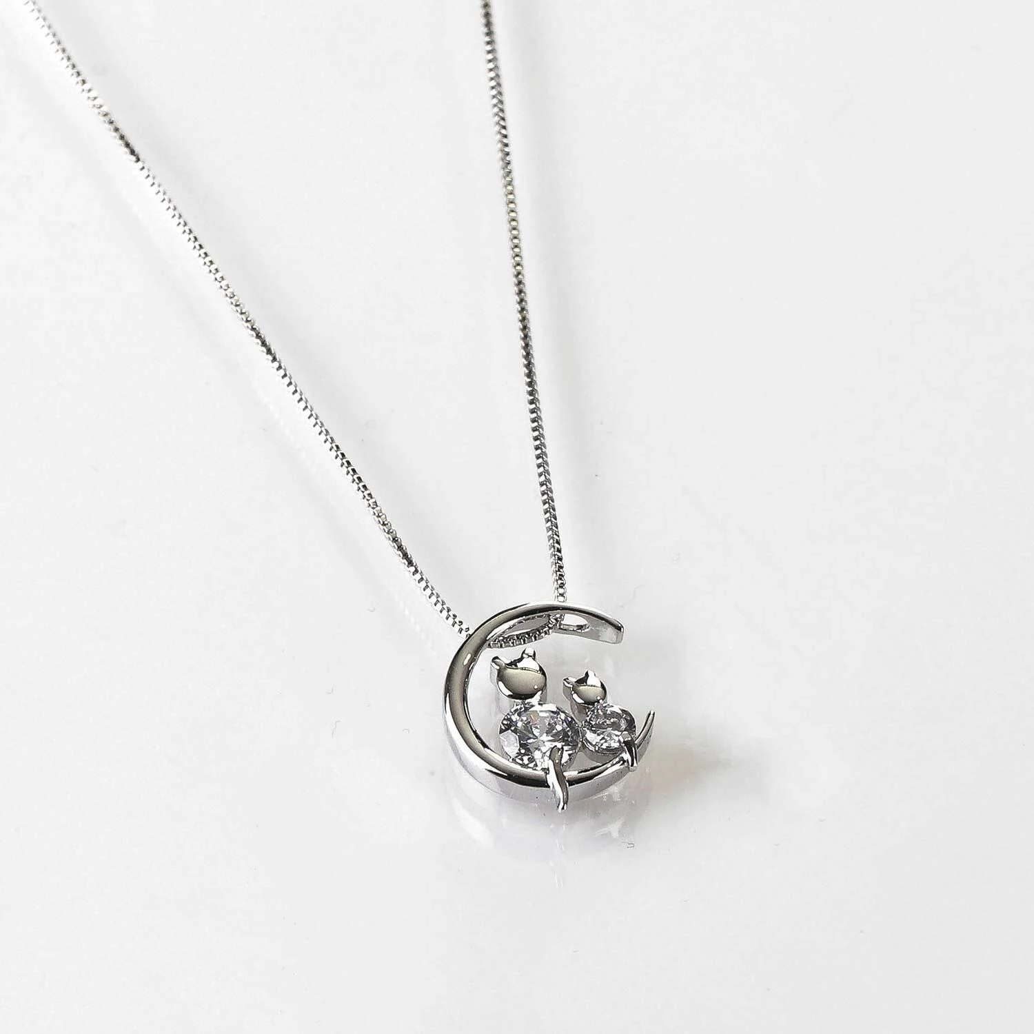 Equilibrium Cats On Moon White Gold Plated Necklace 1 Equilibrium Cats On Moon White Gold Plated Necklace