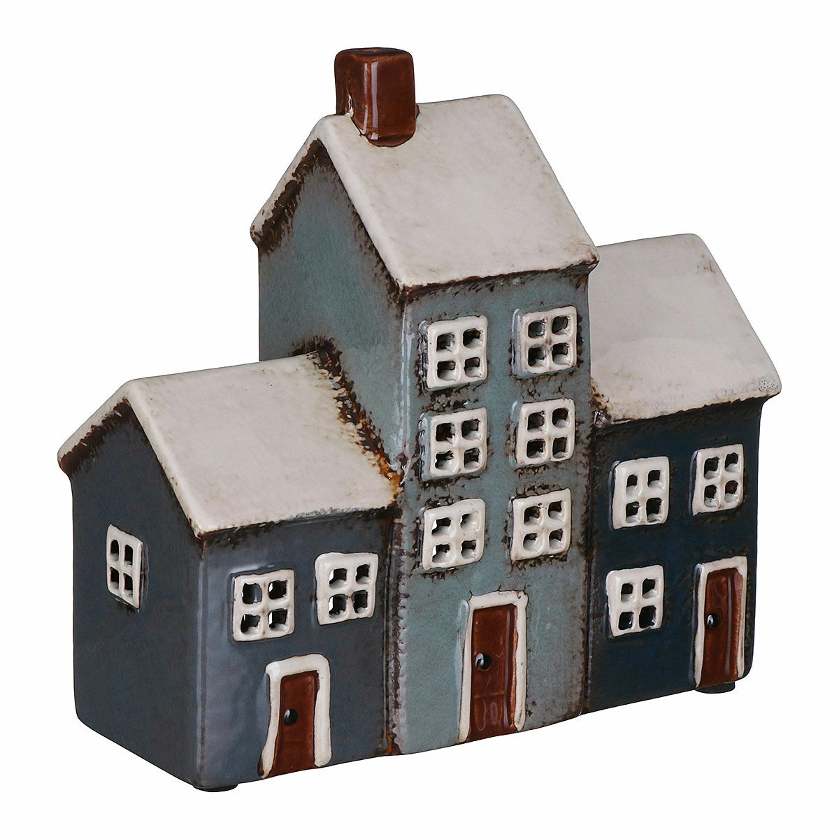Shudehill Village Pottery Grey & Navy Three House Tealight Holder 2 Shudehill Village Pottery Grey & Navy Three House Tealight Holder - Image 2
