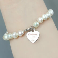 Personalised Christening Swirls & Hearts White Freshwater Pearl Bracelet -gifts shop p0102v74 personalised christening freshwater pearl bracelet 6