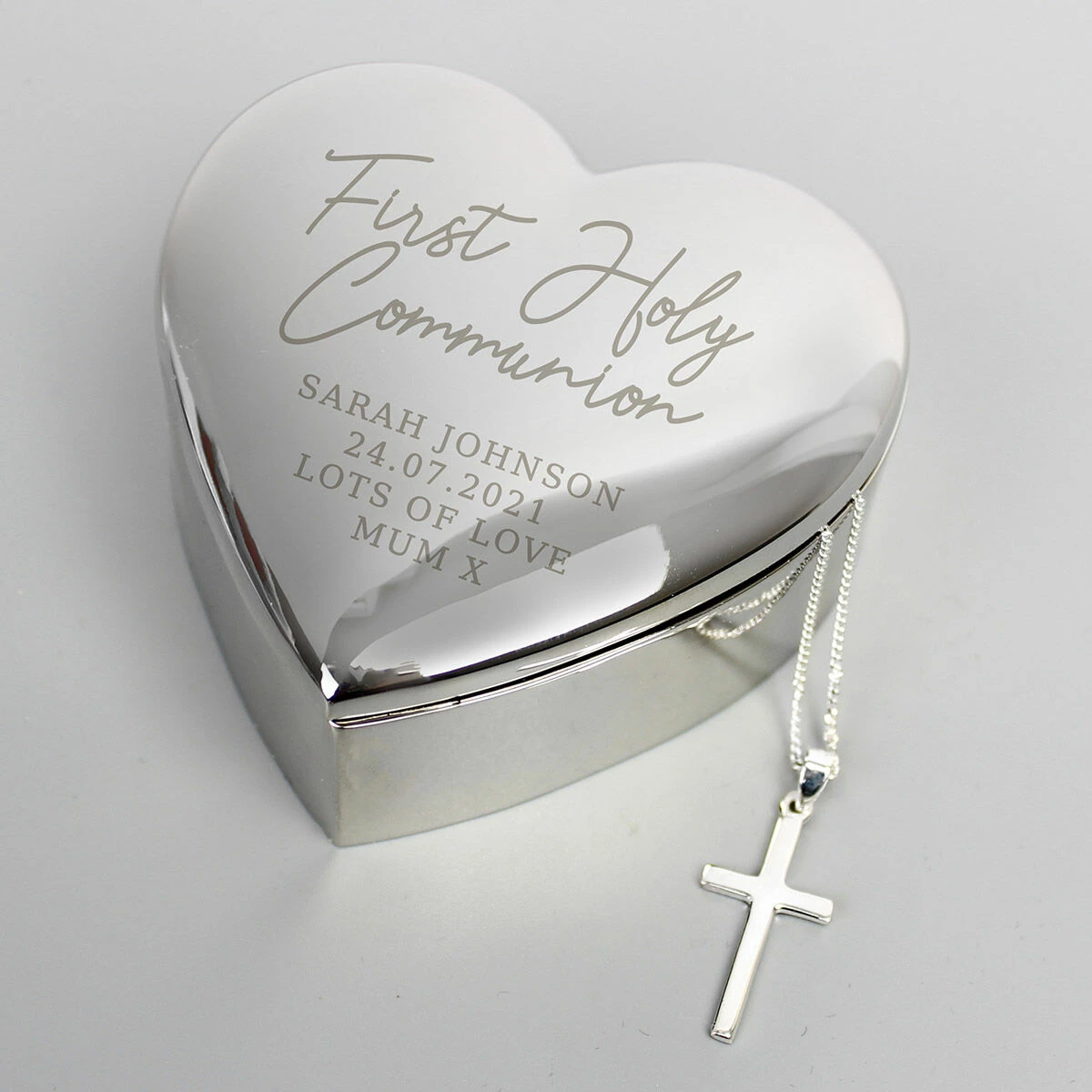 Personalised First Holy Communion Heart Trinket Box & Cross Necklace Set 1 Personalised First Holy Communion Heart Trinket Box & Cross Necklace Set