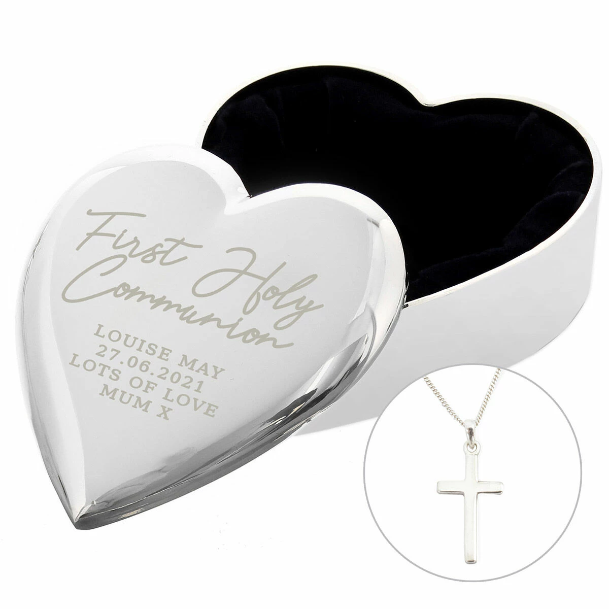 Personalised First Holy Communion Heart Trinket Box & Cross Necklace Set 2 Personalised First Holy Communion Heart Trinket Box & Cross Necklace Set - Image 2