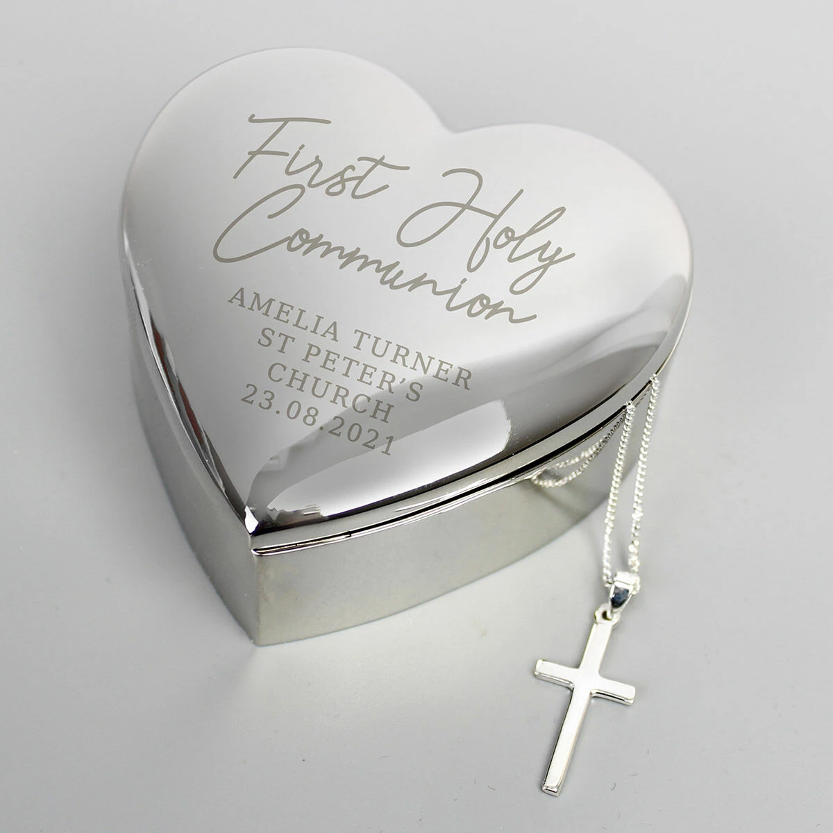 Personalised First Holy Communion Heart Trinket Box & Cross Necklace Set 3 Personalised First Holy Communion Heart Trinket Box & Cross Necklace Set - Image 3
