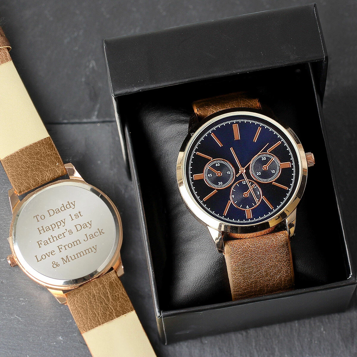 Personalised Men’s Rose Gold Tone Watch With Brown Strap 2 Personalised Men’s Rose Gold Tone Watch With Brown Strap - Image 2