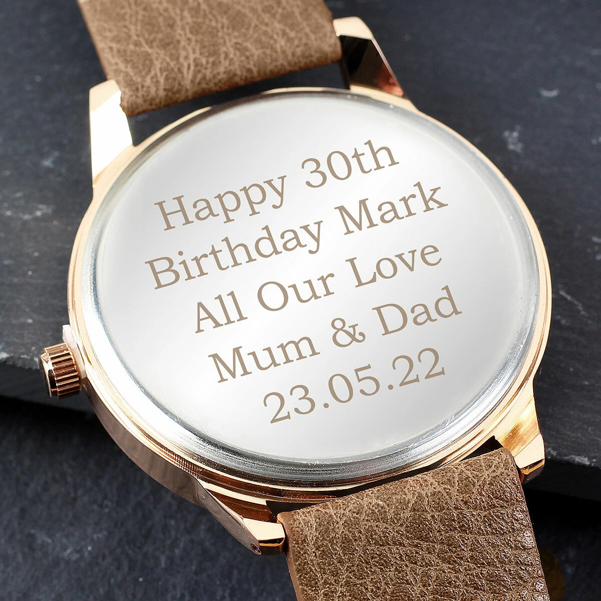 Personalised Men’s Rose Gold Tone Watch With Brown Strap 3 Personalised Men’s Rose Gold Tone Watch With Brown Strap - Image 3