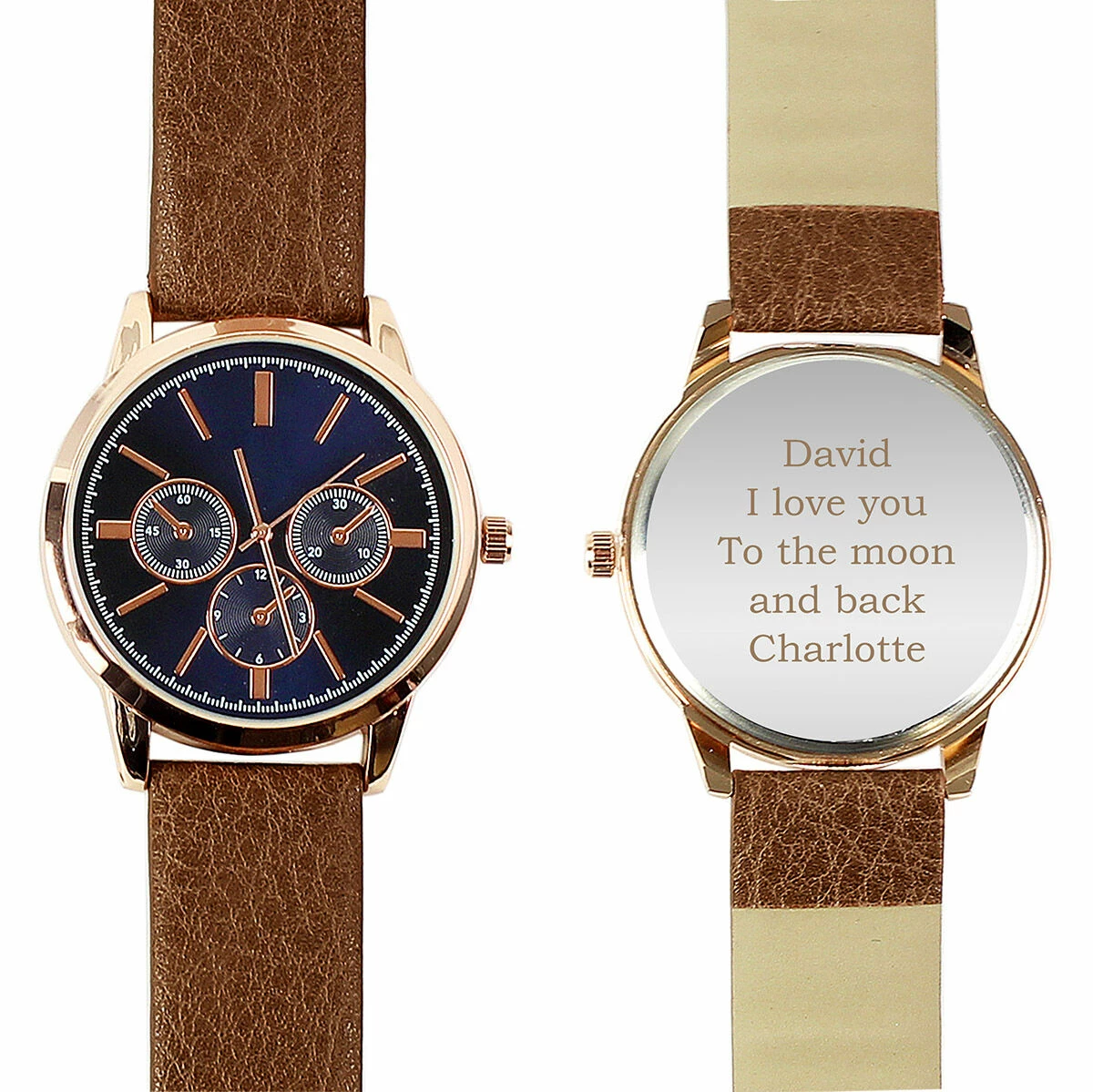 Personalised Men’s Rose Gold Tone Watch With Brown Strap 6 Personalised Men’s Rose Gold Tone Watch With Brown Strap - Image 6