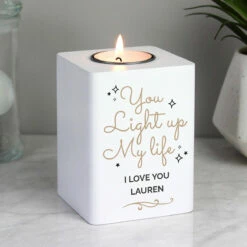 Personalised 'Light Up My Life' White Wooden Tea Light Holder