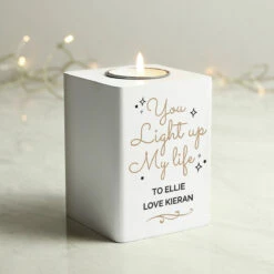 Personalised 'Light Up My Life' White Wooden Tea Light Holder -gifts shop p1011f09 2