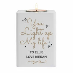 Personalised 'Light Up My Life' White Wooden Tea Light Holder -gifts shop p1011f09 3
