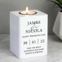 Personalised Couples White Wooden Tealight Holder