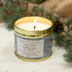 Toasted Crumpet ‘Clementine & Clove’ Robin & Eucalyptus Christmas Tin Candle -gifts shop tc19 toasted crumpet clementine clove robin eucalyptus christmas tin candle 1