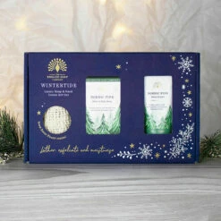 The English Soap Company Nordic Pine Luxury Soap & Hand Cream Three Piece Gift Set -gifts shop the english soap company wtgb001 nordic pine three piece gift set lifestyle